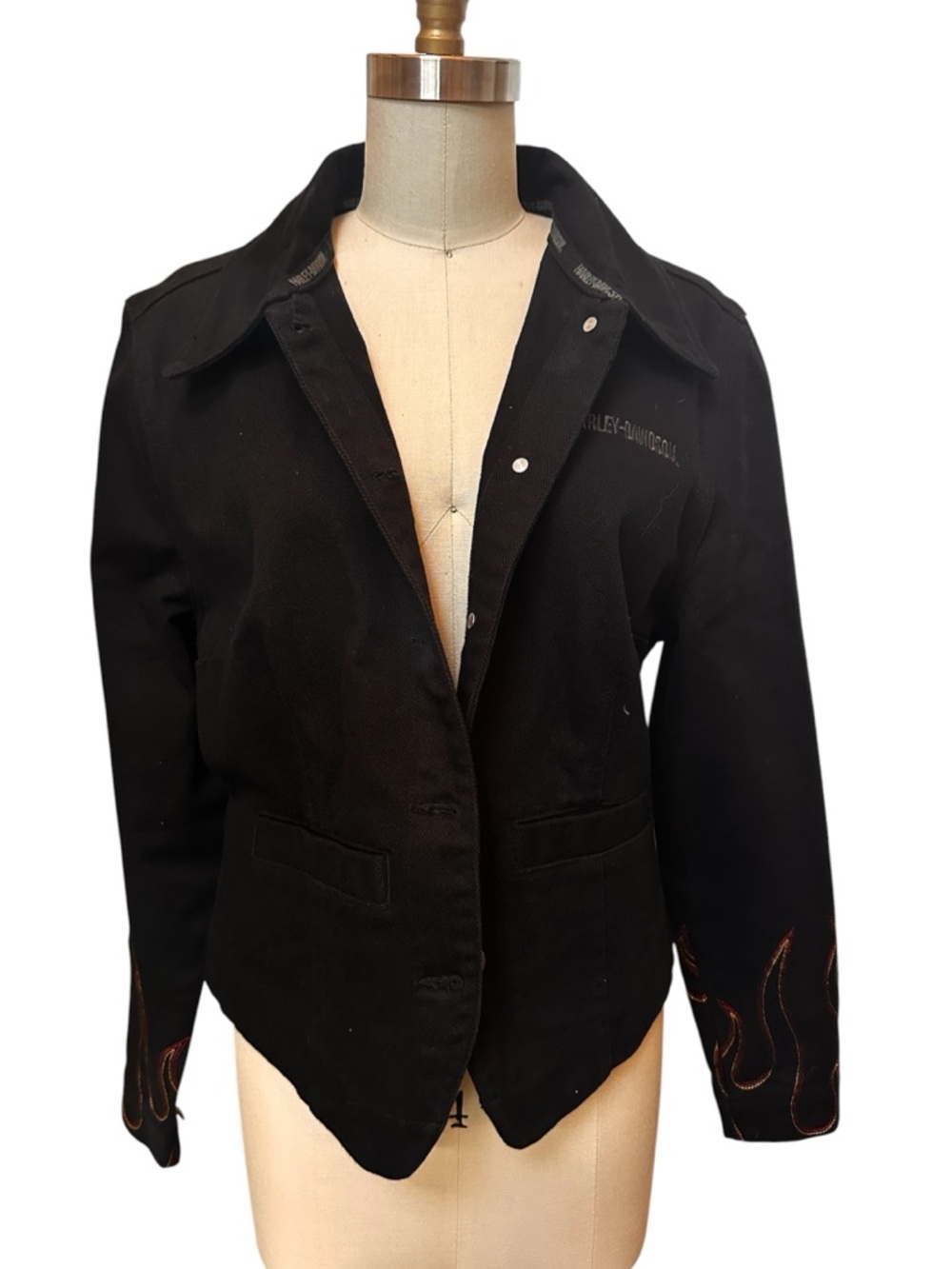 Harley-Davidson Black Denim Jacket with Flame Sleeve Embroidery